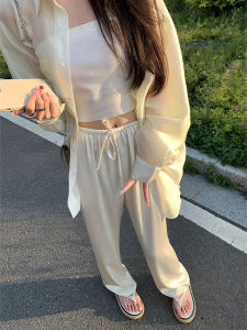 กางเกงขายาวทรงตรงผ้าซาตินเนื้อนุ่มสำหรับผู้หญิงในช่วงฤดูร้อน กางเกงขายาวทรงหลวมสบาย ๆ สไตล์ฮ่องกง กางเกงขายาวผ้าอะซิเตทบาง ทรงสูง เอวสูง