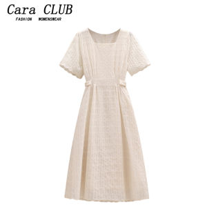 Cara Club Plus Size French Style Square Collar Short Sleeve Dress Womens Summer Mid Length Long Length Tight Waist Slim Looking Belly Covering A- line Skirt