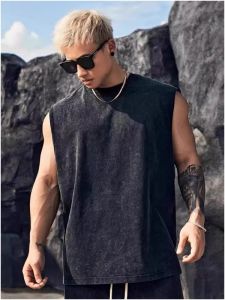 PAZHAOLANG | Retro Washed Sleeveless T-Shirt for Big Size 300 Pounds