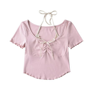 Áo Thun Cotton Ngọt Ngào INS Tay Ngắn Hai Mảnh Giả Viền Nơ Cổ Treo Ren Hoa Tai Ngọt Ngào Áo Thun Nữ Mùa Hè Thường Ngày
