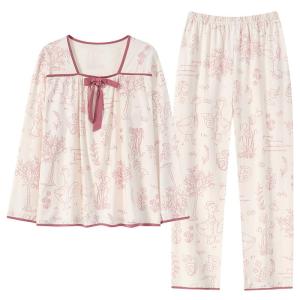 Miiow | Pure Cotton Sleepwear Womens Long Sleeve Set Summer Autumn Style With Chest Pad Home Clothes Bell Sleeve Casual Comfortable