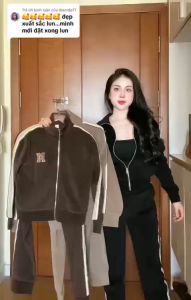 Set bộ thu đông Nhung viền cổ bẻ bo gấu thêu chữ M phong cách trẻ trung - quanaohuyenanh [M12]