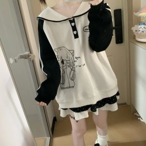 Chic Long Sleeve Printed Sweatshirt Navy Collar Color Block Cute Home Style Autumn New Arrival Womens Loose Fit Hoodie