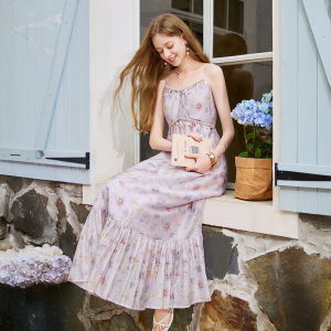 XIANGYING | Lavender Floral Spaghetti Strap Chiffon Dress