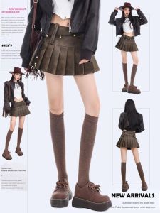 Retro American PU Leather Mini Skirt Brown A-Line Pleated Slimming Half-length Short Skirts for Young Women Commute Wear