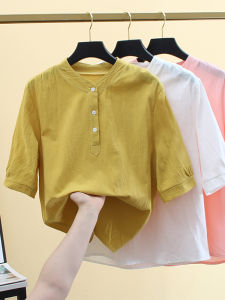Sweet Style Womens White Shirt Loose Fit Linen Half Sleeve Short Sleeve Stand Collar Pure Color Cotton Linen Top Summer New Arrival