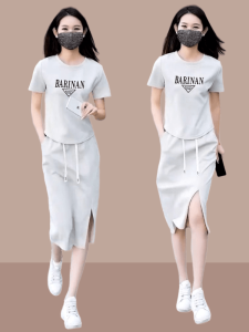 Fashionable Cotton Blend Short Sleeve Skirt Set for Women High Cotton Content Stylish Slimming Half-length Two-piece Ensemble