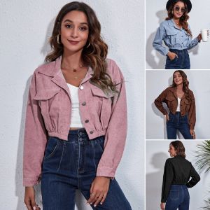 Korean Fashion: Corduroy Cropped Jacket & Long Sleeve Tops