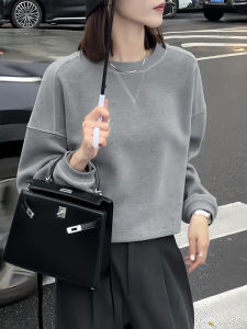 Fashionable Minimalist round Neck Long Sleeve Short Sweatshirt Womens Loose Slimming Top Autumn New Style Popular Casual Wear