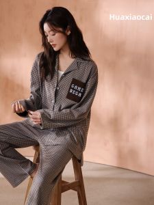 Thick Long Sleeve Checkered Cardigan High-class Outwear-friendly Pajama Set
