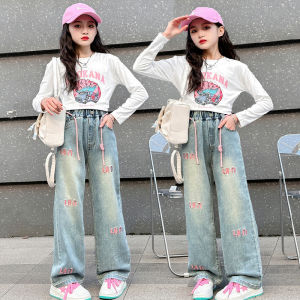 New Gilrs Jeans for Kids Girls 6-16yrs Wide Leg Loose Pants with Pockets Jeans Denim Pants Aesthetics Baggy Pants Korean Casual Girls Fashion Stretchable