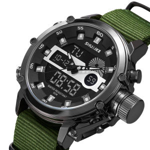 Luxury Fashion Mens Military Sports Nylon Watches Mens Multifunctional Waterproof Watches Dual Display Quartz Digital Watches