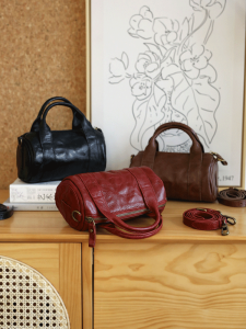 Soft Tanned Leather Boston Bag Pillow Shaped Crossbody Shoulder Bag for Women Vintage Artistic Style Handbag Cotton Lining