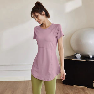 Womens Yoga Wear Quick Dry Short Sleeve Sport Shirt Summer Medium Length Hip Covering Slimming Training Running Fitness Wear