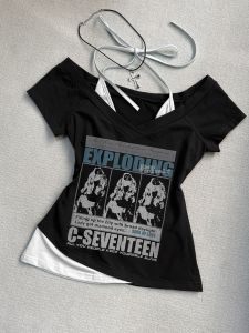 Boya Girl Original Black Letter Print Neck Hanging Short Sleeve T-Shirt Women Summer American Retro Fake Two-Piece Top