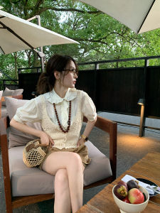 Summer Artistic Womens Fashion Set with Ruffle Sleeve Short Sleeve Doll Collar Shirt Silk Shorts Hollow Knitted Vest