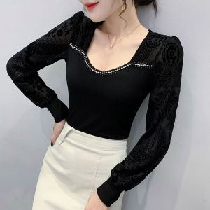 YIMEI Áo Ren Dài Tay Khoét Lỗ Gợi Cảm Màu Đen Áo Lưới Nữ Mới 2022 Áo Thun Nữ Cỡ Lớn Mỏng Cá Tính Đính Cườm Dây Xích Công Sở Nặng Nề Phiên Bản Hàn Quốc