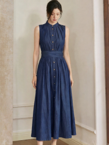 Roey s house | Elegant Business Denim Blue Sleeveless Cotton Dress