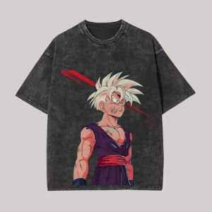 Bandai | Gohan T Shirt Dragon Ball Z Anime Men Vintage Acid Wash Cotton Super Saiyan 2 Battle Damaged Graphic Tees 2026 Streetwear
