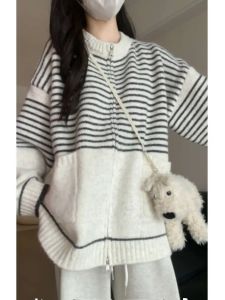 Korean Lazy Style Striped Sweater Outerwear Thickened Autumn Winter Womens Loose College Style Zipper Knitted Coat Jacket