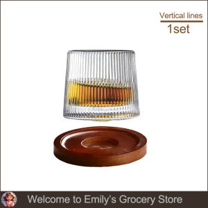 Rotatable Whiskey Glass with Wooden Base Suitable Creative Novel Bar Supplies Vintage Wine Glass for Brandy Scotch Bourbon
