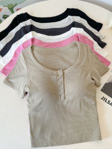 Retro American U-neck Grey Shoulder T-shirt Women Summer Slimming Short Sleeve T-shirt Belly Button Baring Top Women