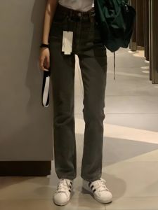 กางเกงยีนส์ทรงตรงเอวสูงเอวยางยืดสีดำและเทาสำหรับผู้หญิง กางเกงขายาวทรงสลิมฟิต กางเกงขายาวลำลองสำหรับฤดูใบไม้ร่วง