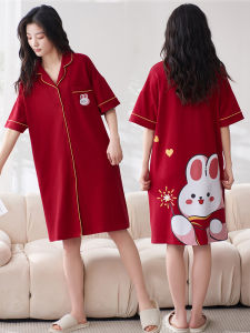 Red Pure Cotton Rabbit Sleepwear Womens Style Maternity Nightgown Summer Collection Luxury Home Clothes Short Sleeve Mid-length Dress