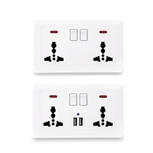 Universal Wall Socket With LED Light Switch 146 Type Dual 3 Holes White PC Panel 13A 250V Household Standard Power Outlet Socket for wall With USB Port 2.1A double USB Charger
