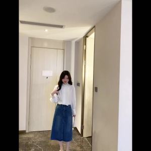 AMMIN 2024 Autumn new mesh lace round neck long sleeve commuter chiffon blouse Korean style single breasted flared sleeve elegant blouse