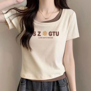 Slim Fit Short Sleeve T-shirt for Women Acacia Fu Cotton Blend Casual Workwear Printed Cartoon Animation Square Collar Top
