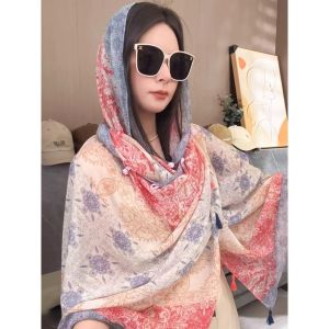 BILLI ZILLY | Ethnic Style Sun Protection Shawl Vintage Button Tassel Cover Up 2025 New Autumn Season Lightweight Breathable Silk Scarf