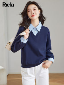 puella | Faux Two-piece Stripe-stitched Embroidered Hoodie Slim-fitting For Autumn