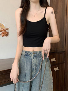 เสื้อกั๊กสายเดี่ยวสั้นสีดำ สำหรับผู้หญิง ทรงเข้ารูป แขนกุด ดีไซน์เปิดหลัง ใส่ด้านใน สไตล์หวาน ฤดูร้อน 2024