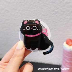 Cute Cartoon Black Cat Phone Stand Female Style Magsafe Absorption Airbag Mobile Phone Holder Foldable Retractable Rotatable Air Cushion Anti-fall Ring Clip Creative Drama Watching Tool