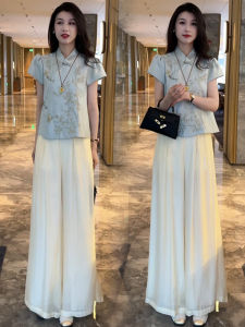 LIANPAI | New Chinese Style Set 2 Pieces: Mandarin Collar Buttoned Short Sleeve Blouse and Loose Wide Leg Pants Skirt