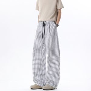 OULUDE | Vintage Plaid Bubble Gauze Loose Straight Leg Casual Pants