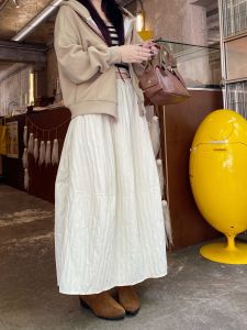 Elegant High Waist White Half Skirt Womens Simple Style Autumn Winter Long Skirt Artistic Fresh Air Flared Skirt for Ladies