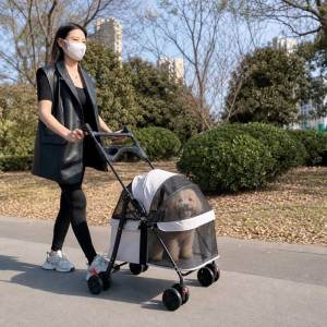 Teekland Foldable Pet Stroller for Small Dogs and Cats One Click Foldable Dog Stroller with Detachable Carrier & 2 Safety Tethers Cup Holder Breathable Mesh