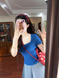 Áo Thun Tay Ngắn Cổ Vuông Màu Xanh Lam Cho Nữ Mùa Hè Ôm Vừa Vặn Phong Cách Pháp Ngắn Gọn Thời Trang Áo Sơ Mi Nhỏ