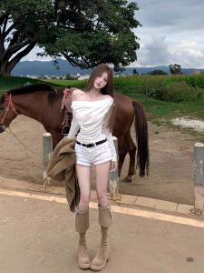 Áo Thun Dài Tay Một Bên Vai Màu Trắng Cho Nữ Mùa Thu Dáng Ôm Vừa Vặn Chất Liệu Cotton Thường Ngày Không Có Thương Hiệu