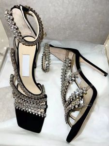 รองเท้าแตะส้นสูงสายเดี่ยวประดับคริสตัลสีดำ รองเท้าแตะส้นสูงแบบเปิดหน้าเท้าสำหรับผู้หญิง รองเท้าแฟชั่นฤดูร้อน รองเท้าแตะส้นเดี่ยว