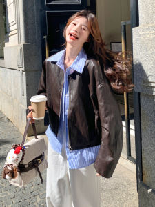 Womens Loose Short Leather Jacket Patchwork Stripe Splicing Coffee Color Autumn New Style Retro High Street Fashion Top