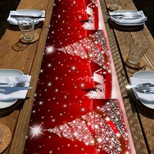 VIKAMA Christmas Red Snow Scene Table Runner Snowflake Holiday Gathering Living Room Dining Table Christmas Party Decorations