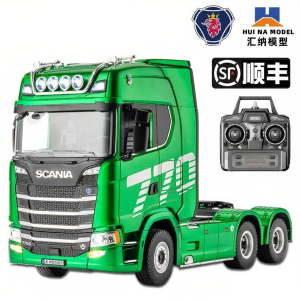 HUI NA | Mô hình xe tải nặng Scania 770S màu xanh lá - Kèm rơ-moóc sàn phẳng chất liệu hợp kim