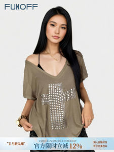 Funoff American Street Style V-Neck Copper Stamp Cross Shoulder T-Shirt Short Sleeve Loose Top for Women Summer Casual Wear