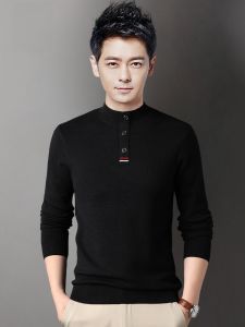 ROMON | Lormen Mens Knitted Sweater Thickened Warm Half High Collar Black Slim Fit Casual Winter Fashion City Style Long Sleeve Top