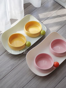 Ceramic Double Bowl Cute Cat Dog Food Bowl Pet Feeder Bichon Neck Protection Anti Flip Small Dog Drinking Water Bowl