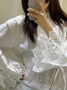 French Style Early Spring New Fashion Casual Embroidered Lace Trim Belted Single Button Stand Collar Shirt Womens Cotton Long Sleeve Loose Fit
