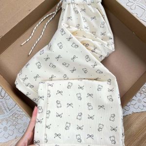 Summer Fresh Cute Bear Girls Pants Thin Loose Wide Leg Straight Casual Trousers for Preteen And Teenage Girls Non-Fleece Long Polyester Blend